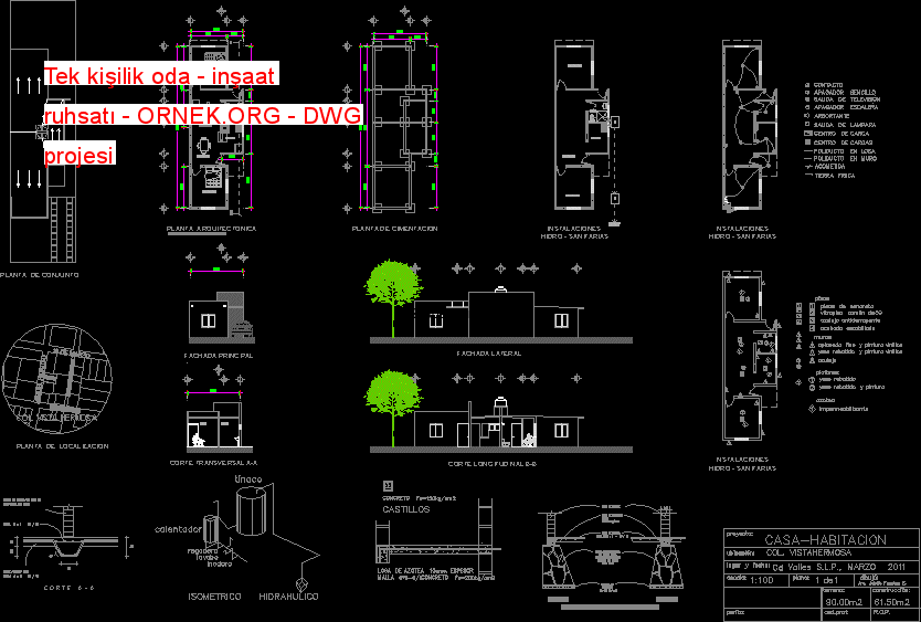 Tek kişilik oda - inşaat ruhsatı Autocad Çizimi